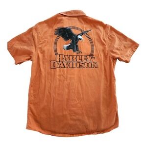 Harley Davidson Motorcycle Orange Short‎ Sleeve Button Up Shirt Size Large Eagle